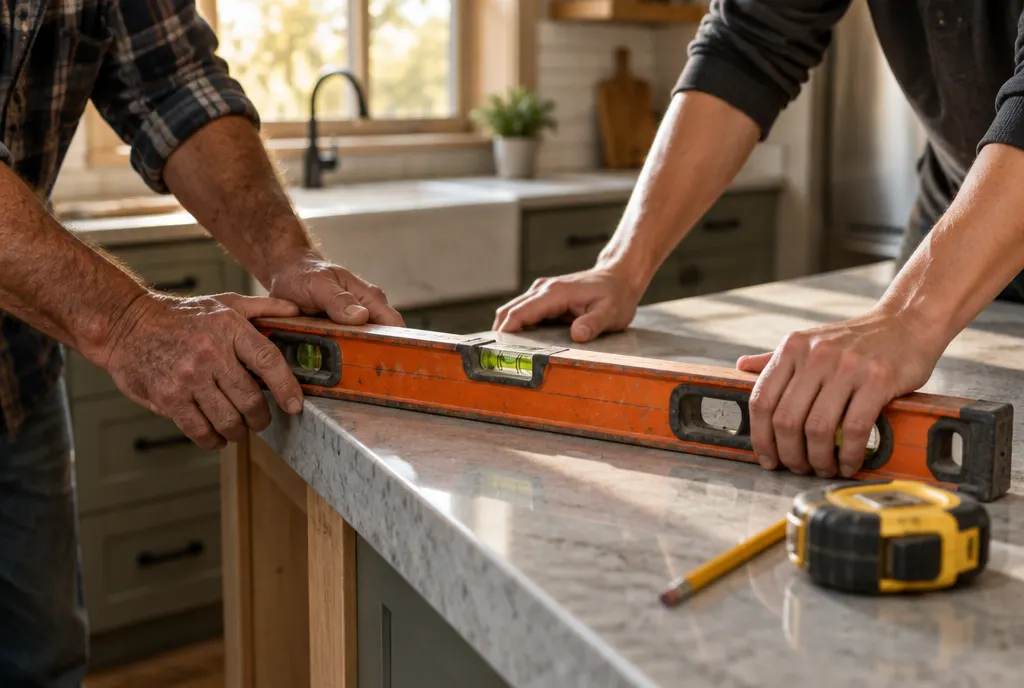 Two pairs of hands holding a level on a work surface